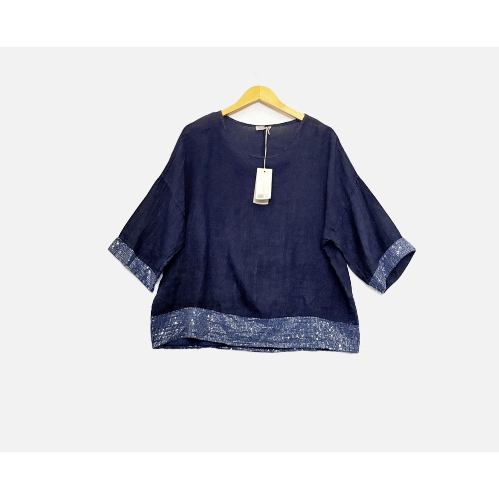 Bellambia Tunic Womens 1X Navy 100% Linen Top Made In Italy Lagenlook Sequin NEW